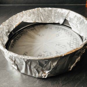 Springform tin covered in tin-foil and parchment paper