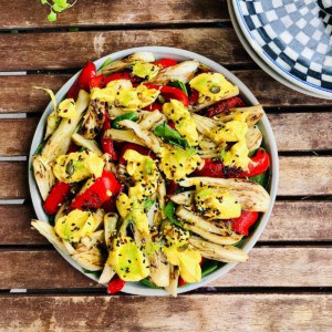 A plate of Fennel salad with red pepper salad