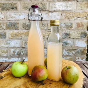 Two bottles of apple cider vinegar sat upon a tree trunk slice platter. 