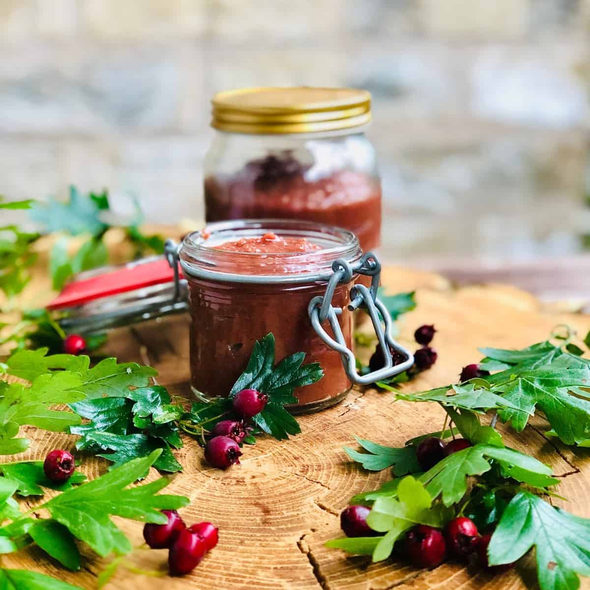 Two jars of hawthorn berry homemade ketchup. 