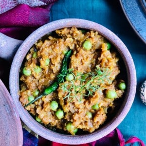 A clay pot containing vegan mince Keema Mattar