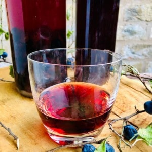 A Glass of sloe gin with two bottles of sloe gin behind the glass.