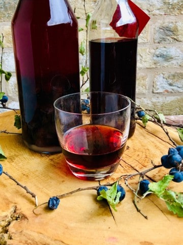 A glass of sloe gin with two bottles of sloe gin behind the glass