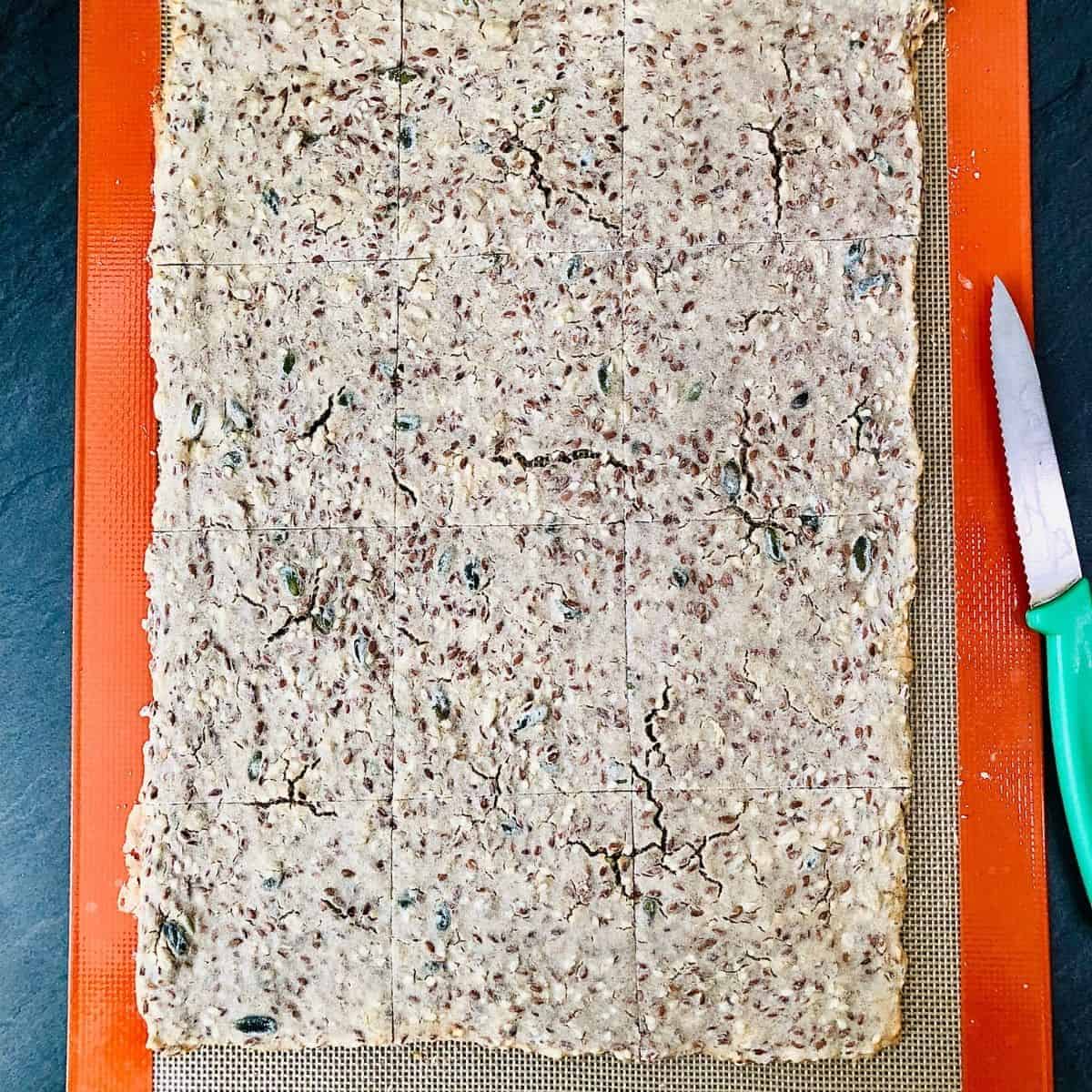 Half cooked sheet of cracker dough scored into cracker sized rectangles