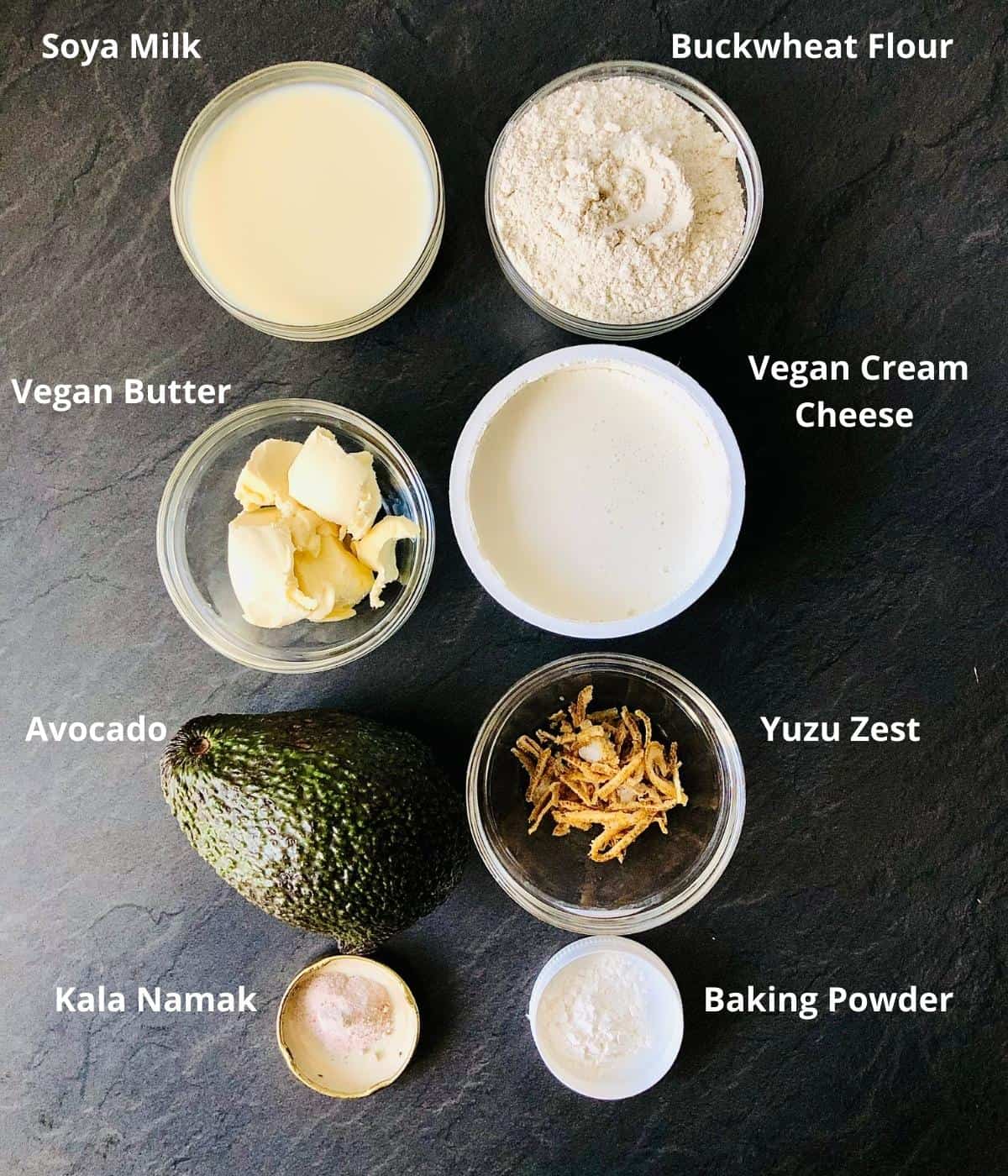 Ingredients for vegan buckwheat pancakes with cream cheese and avocado filling