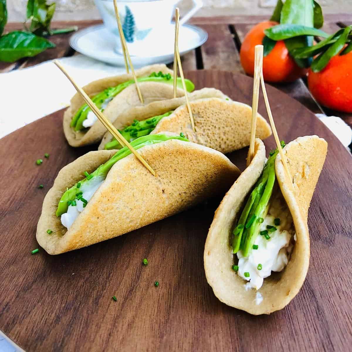 Buckwheat pancakes filled with vegan cream cheese and advocado