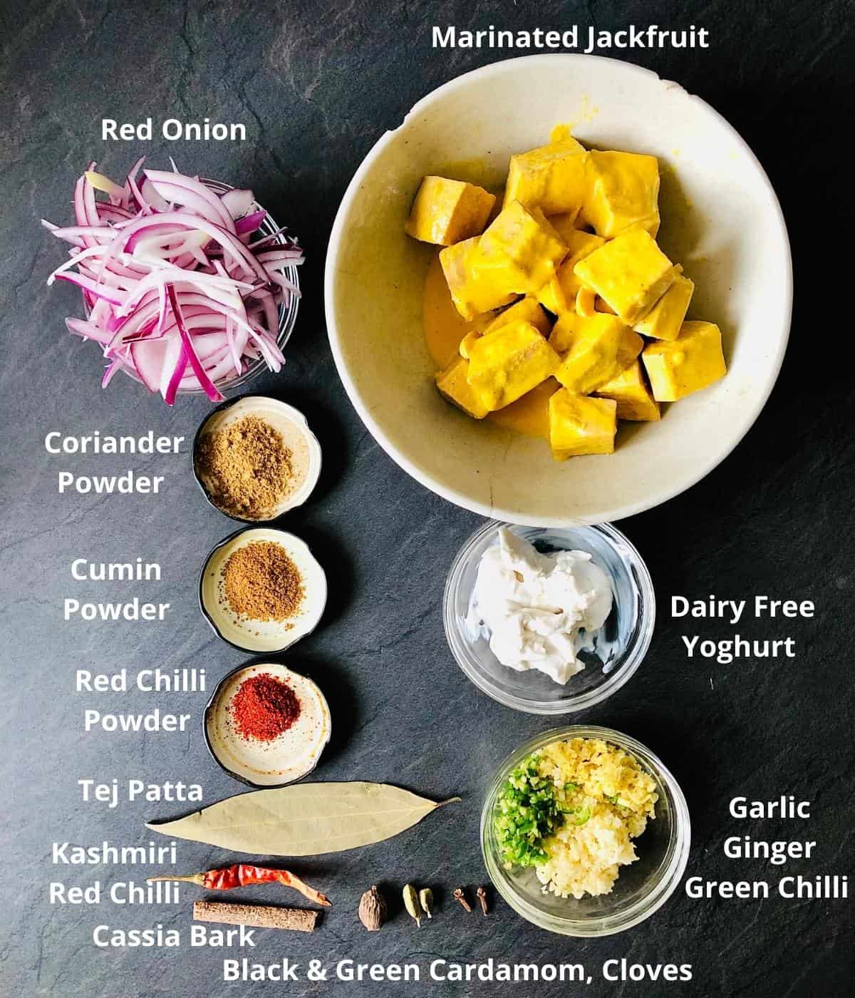 Ingredients for Vegan jackfruit recipe gravy in small dishes. Annotated
