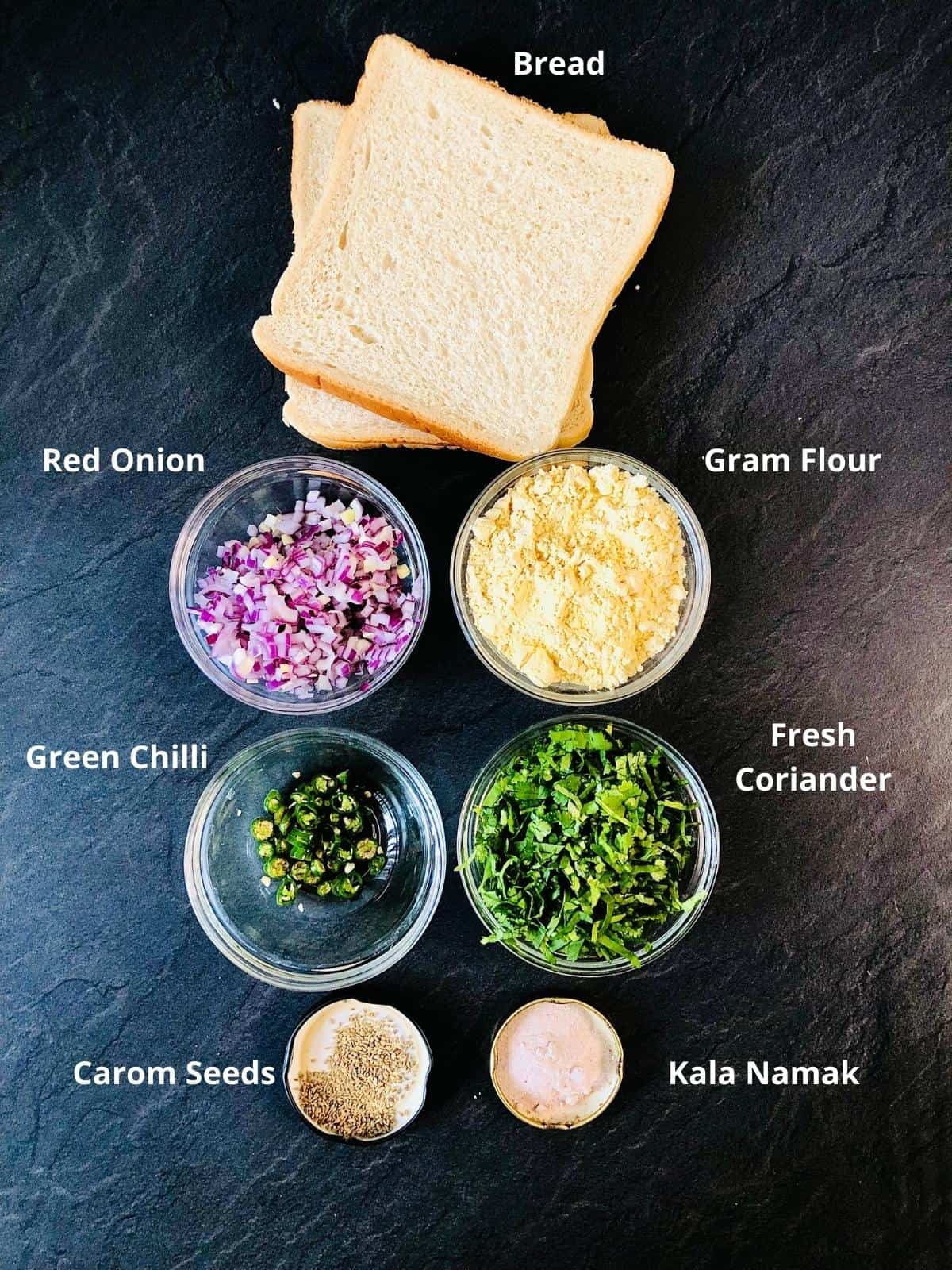 Bread pakora ingredients in small glass dishes. Annotated