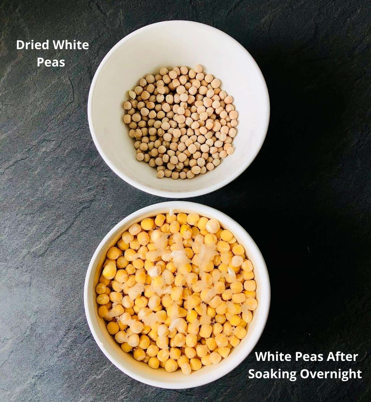Two bowl containing white peas. One bowl contains dry white peas, the other bowl contains white peas soaked overnight