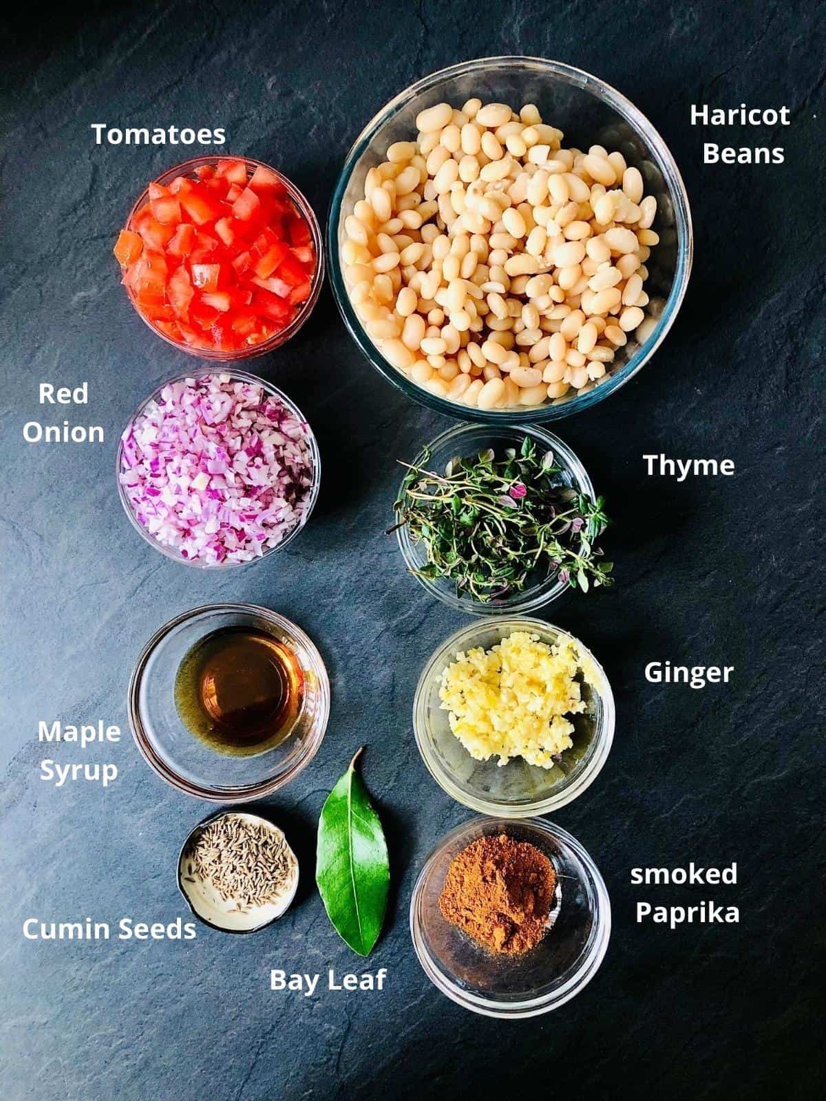 Smoky Bean Ingredients in shallow glass dishes