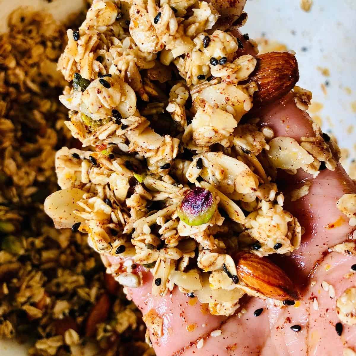 Close up of wet orange blossom granola mix