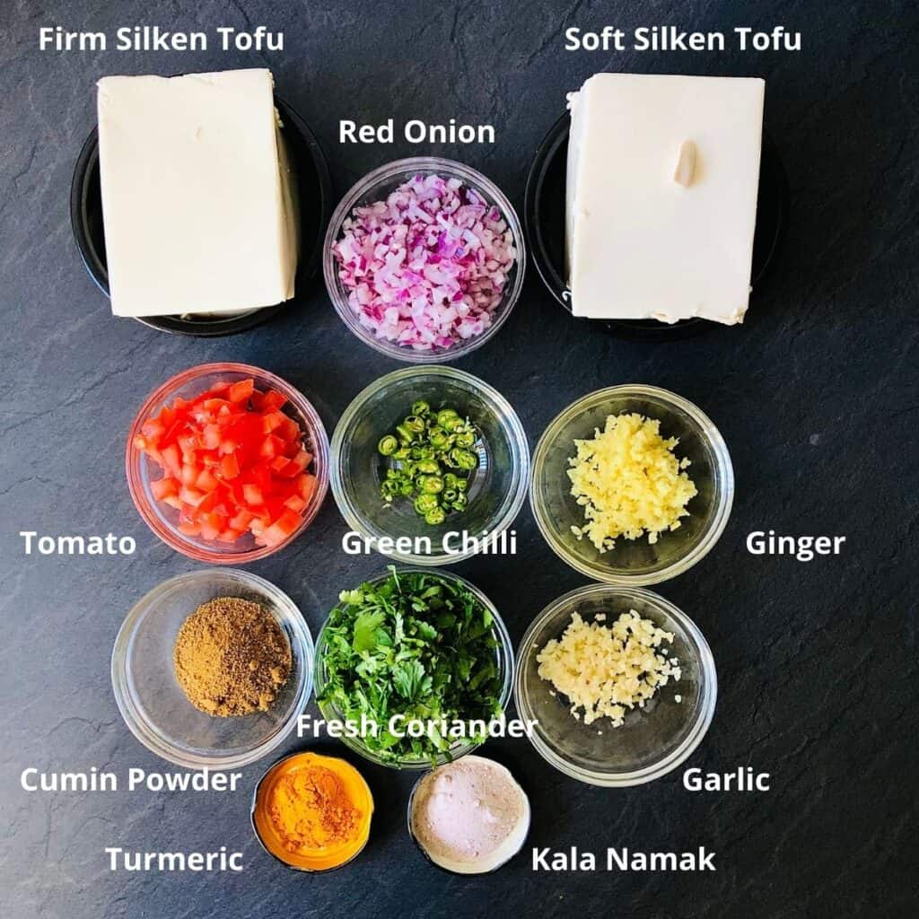 Annotated Ingredients for scrambled tofu in small glass dishes and small jar lids.