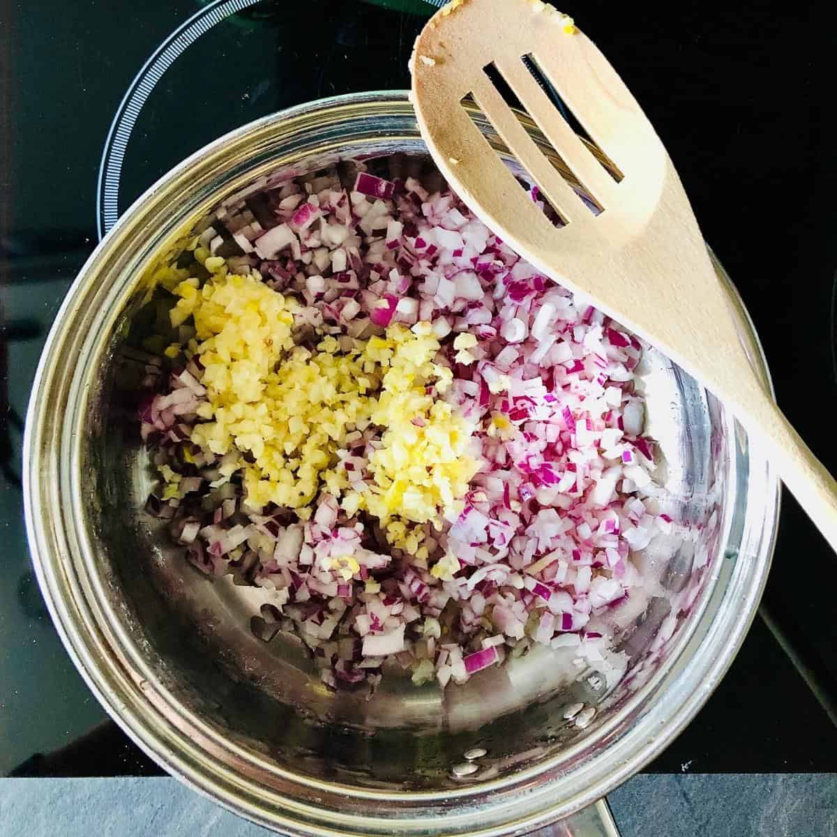 Finely chopped red onion and garlic in a saucepan