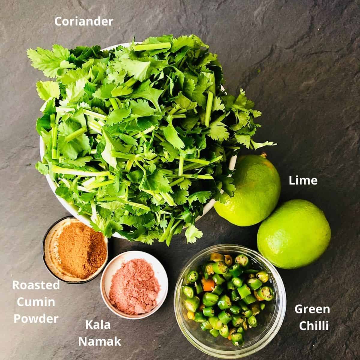 Ingredients for coriander and chilli chutney