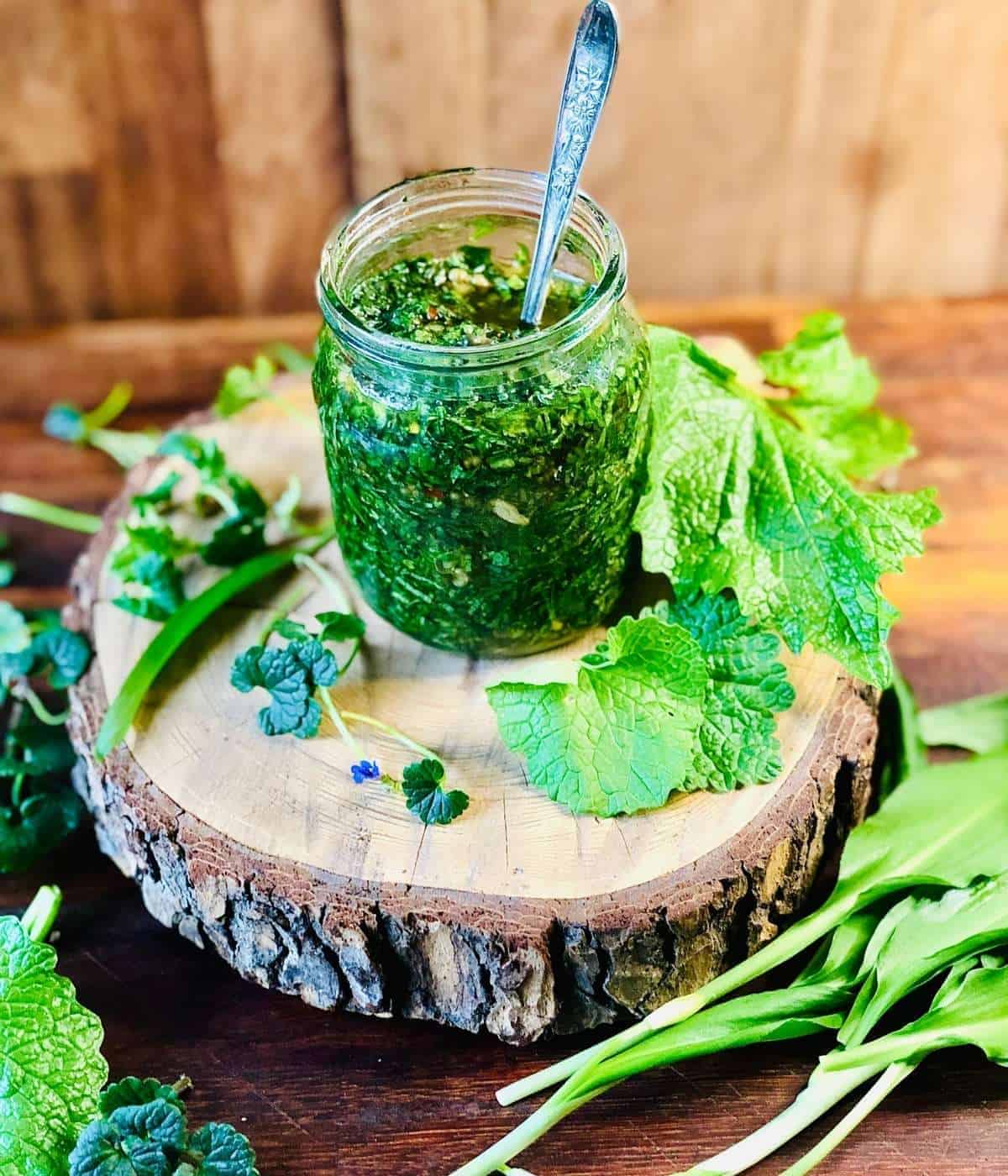 A jar of wild greens salsa verde