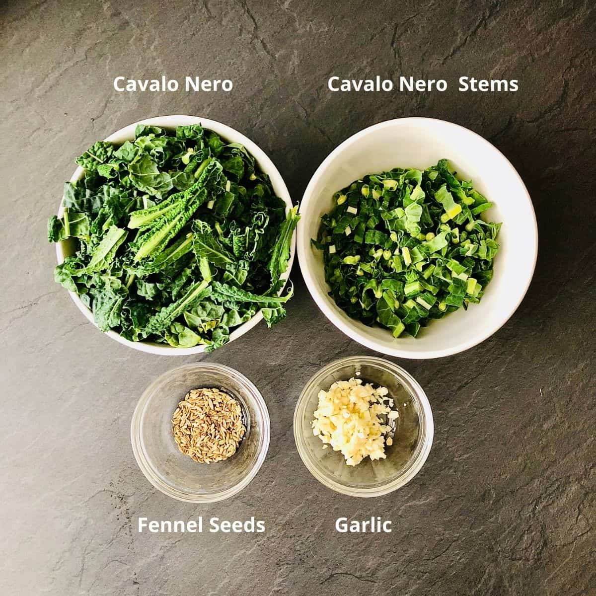 Ingredients for cavalo nero in small dishes. Annotated