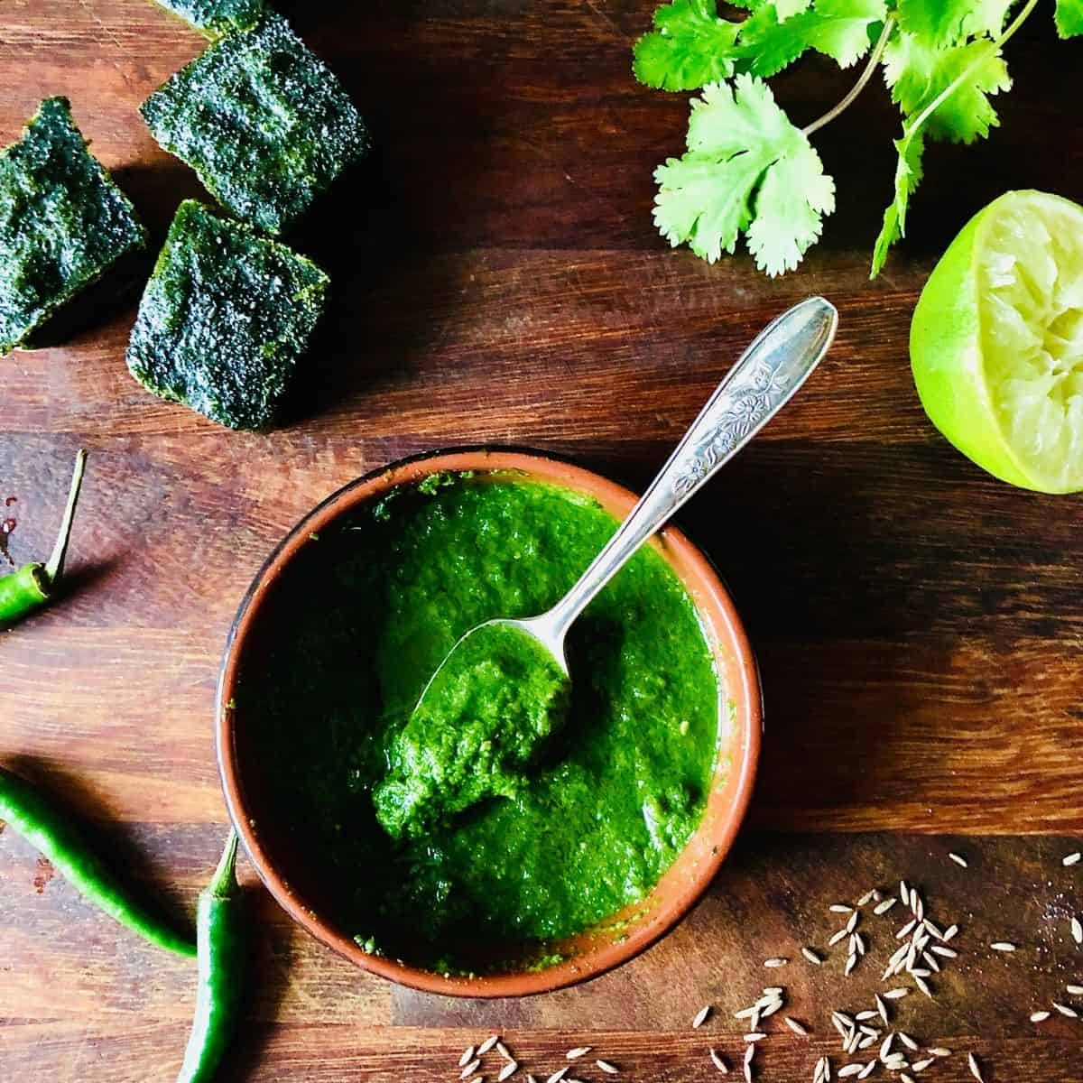 Coriander and chilli chutney in a shallow dish with coriander and chilli ice cubes next to it