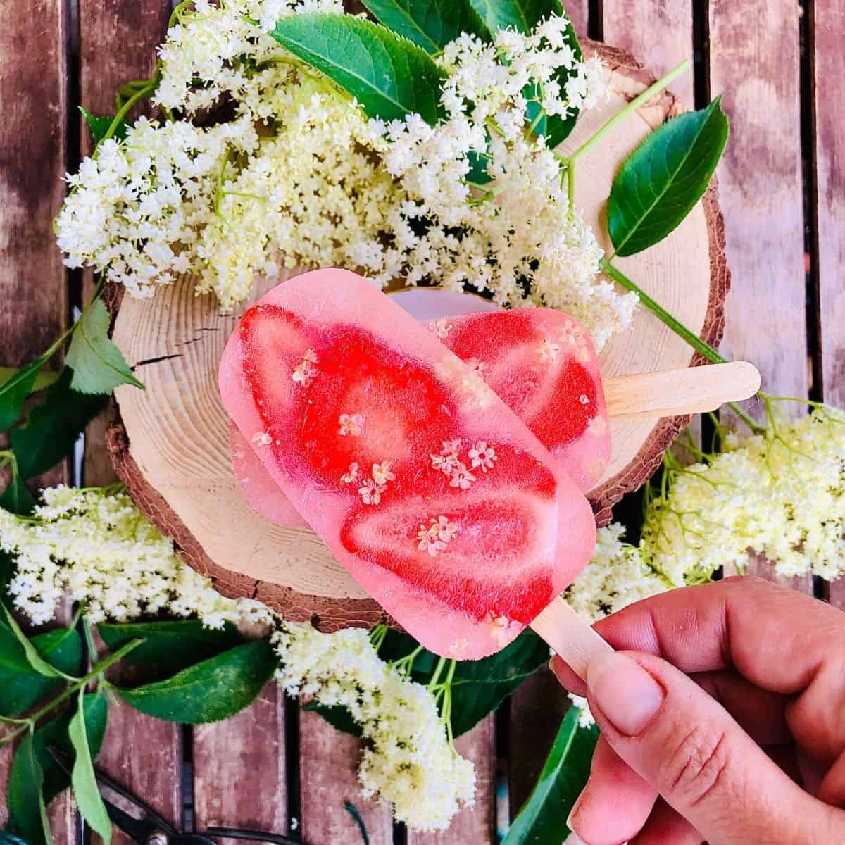 A hand holding an elderflower and strawberry ice lolly