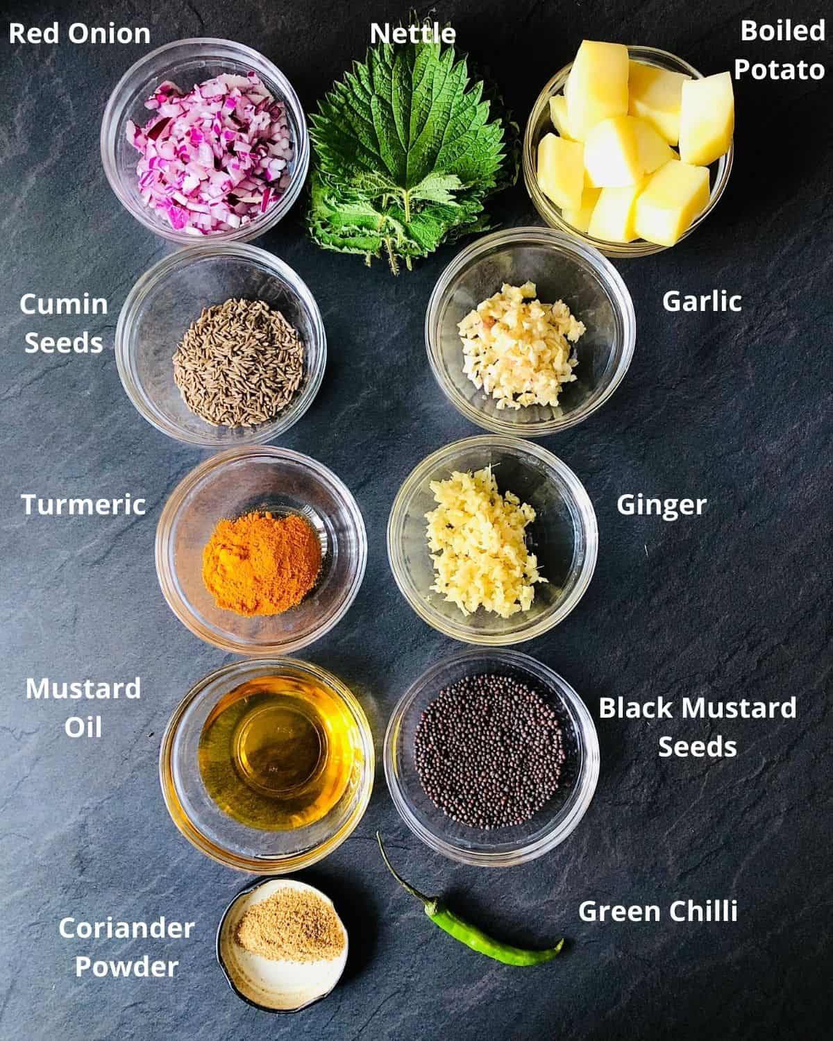 Saag aloo ingredients in small glass dishes. Annotated