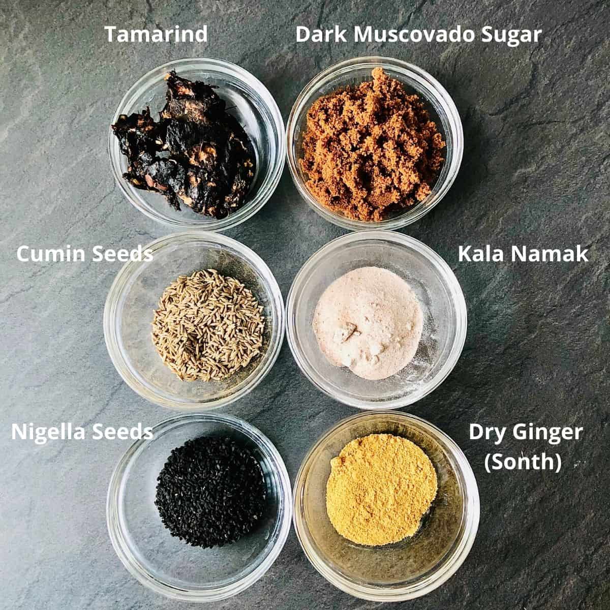 Ingredients for south ki chutney in shallow glass dishes. Annotated.