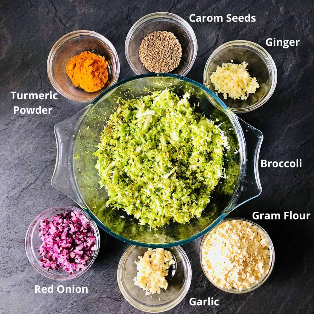 Prepared ingredients for broccoli fritters in glass bowls. Annotated.