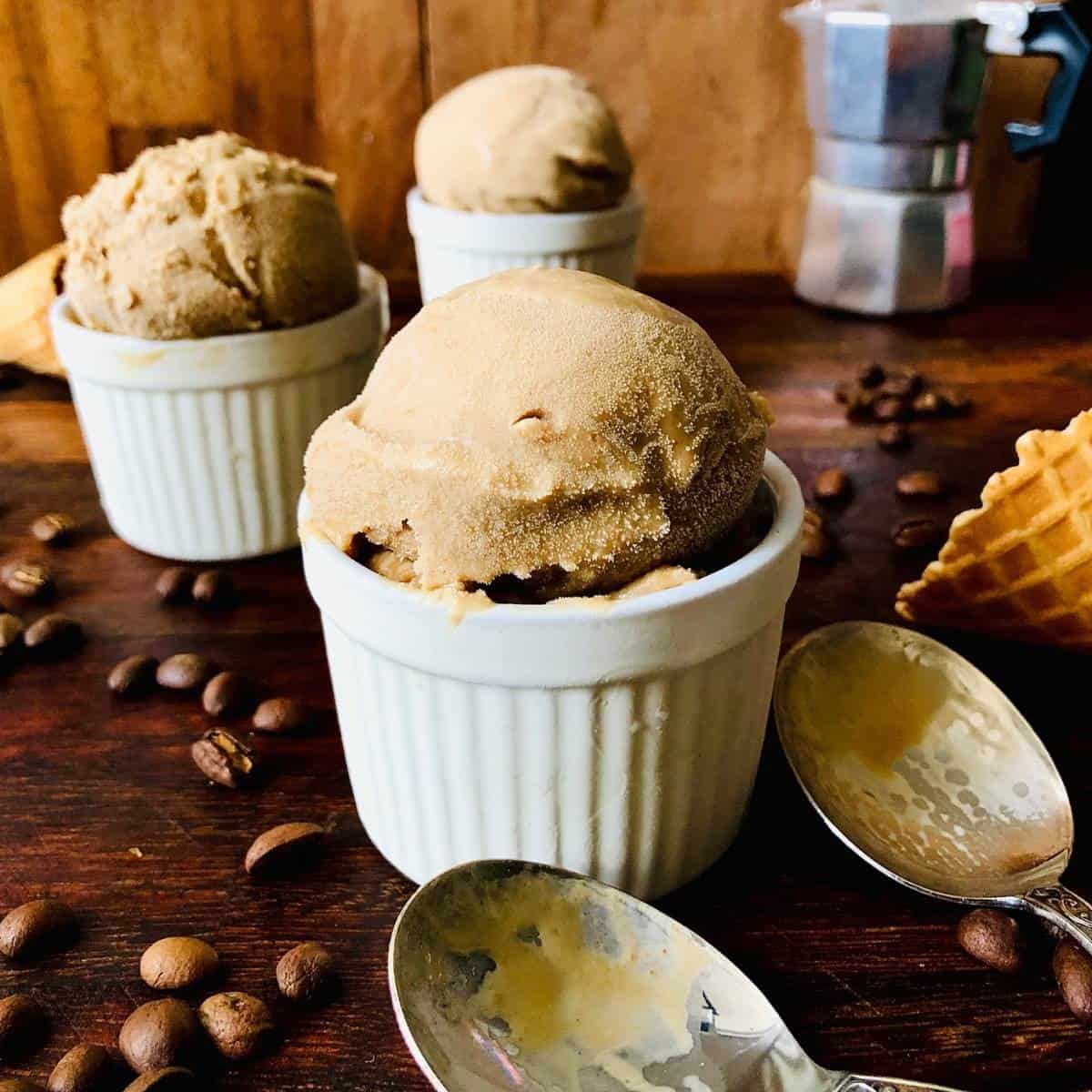 A scoop of coffee ice cream in a small white dish