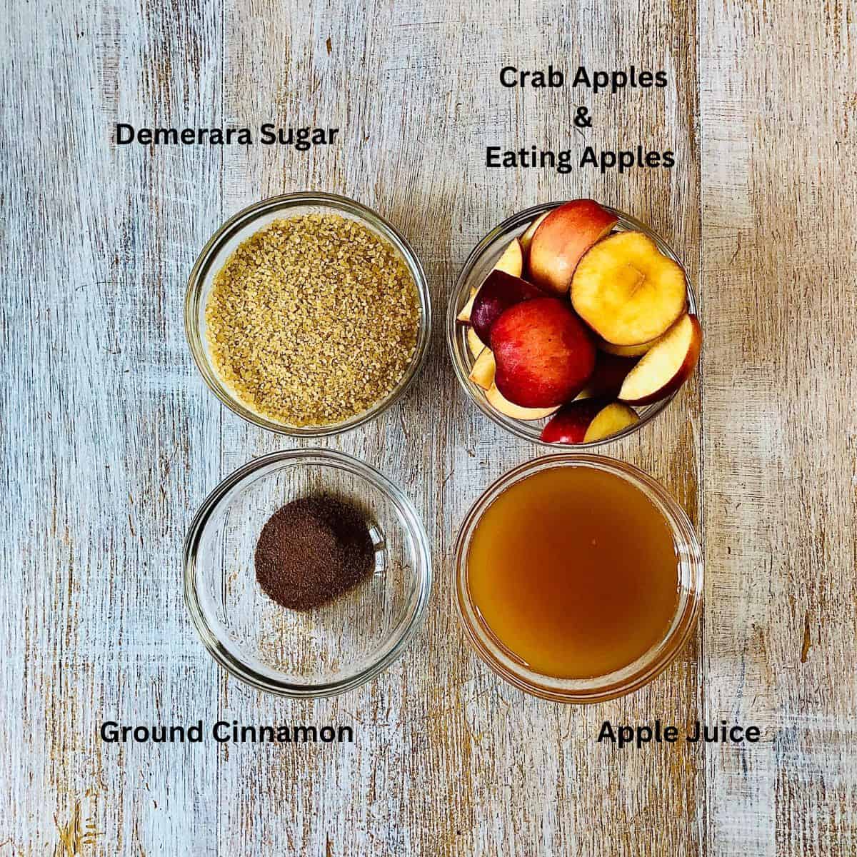 Prepared Ingredients for crab apple butter in small glass dishes.