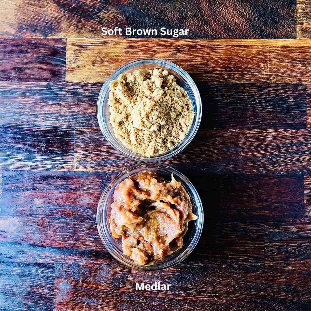 Prepared ingredients for medlar fruit butter on small glass dishes.