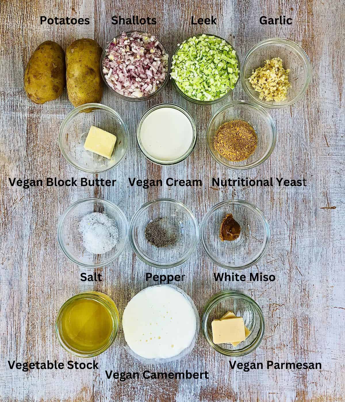 Prepared ingredients for vegan tartiflette in small glass dishes.