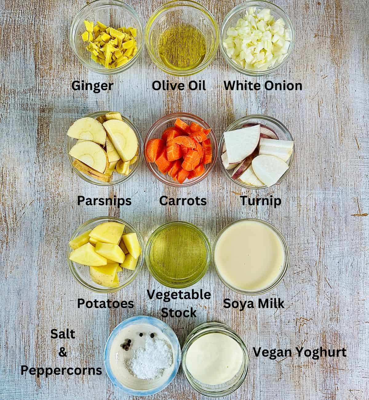 Prepared ingredients for winter vegetable soup in small glass dishes. Annotated.