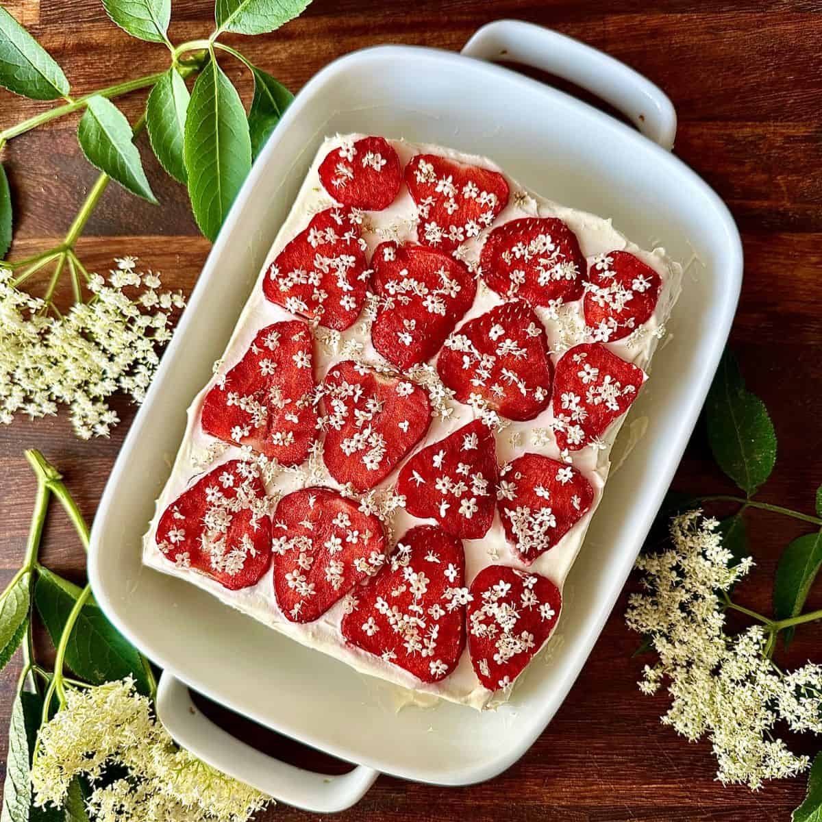A deep, white dish containing a layered elderflower and strawberry cake. The dish is surrounded by elderflower heads for decoration.