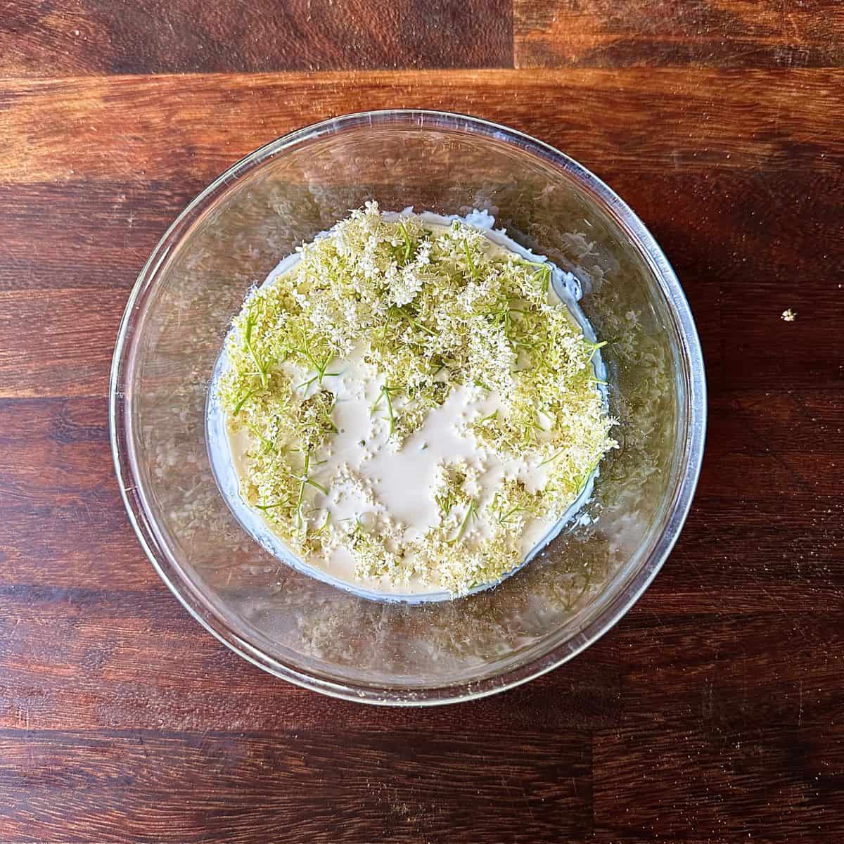 Elderflowers submerged and infusing vegan cream in a glass bowl.