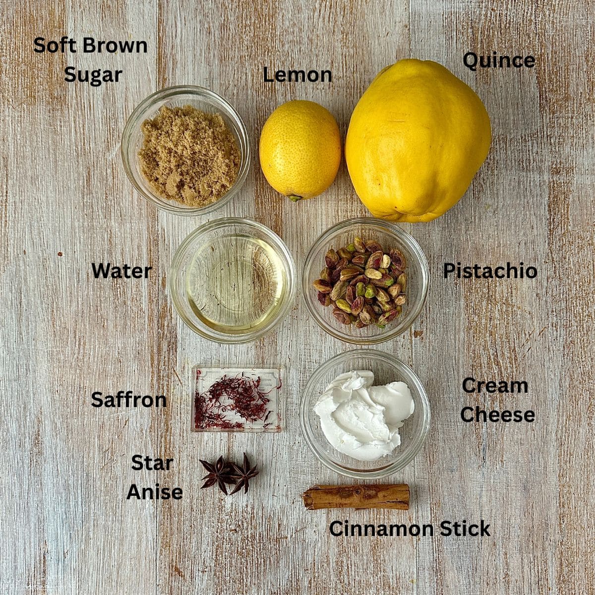Ingredients for baked quince recipe. Some in small glass dishes. Annotated.