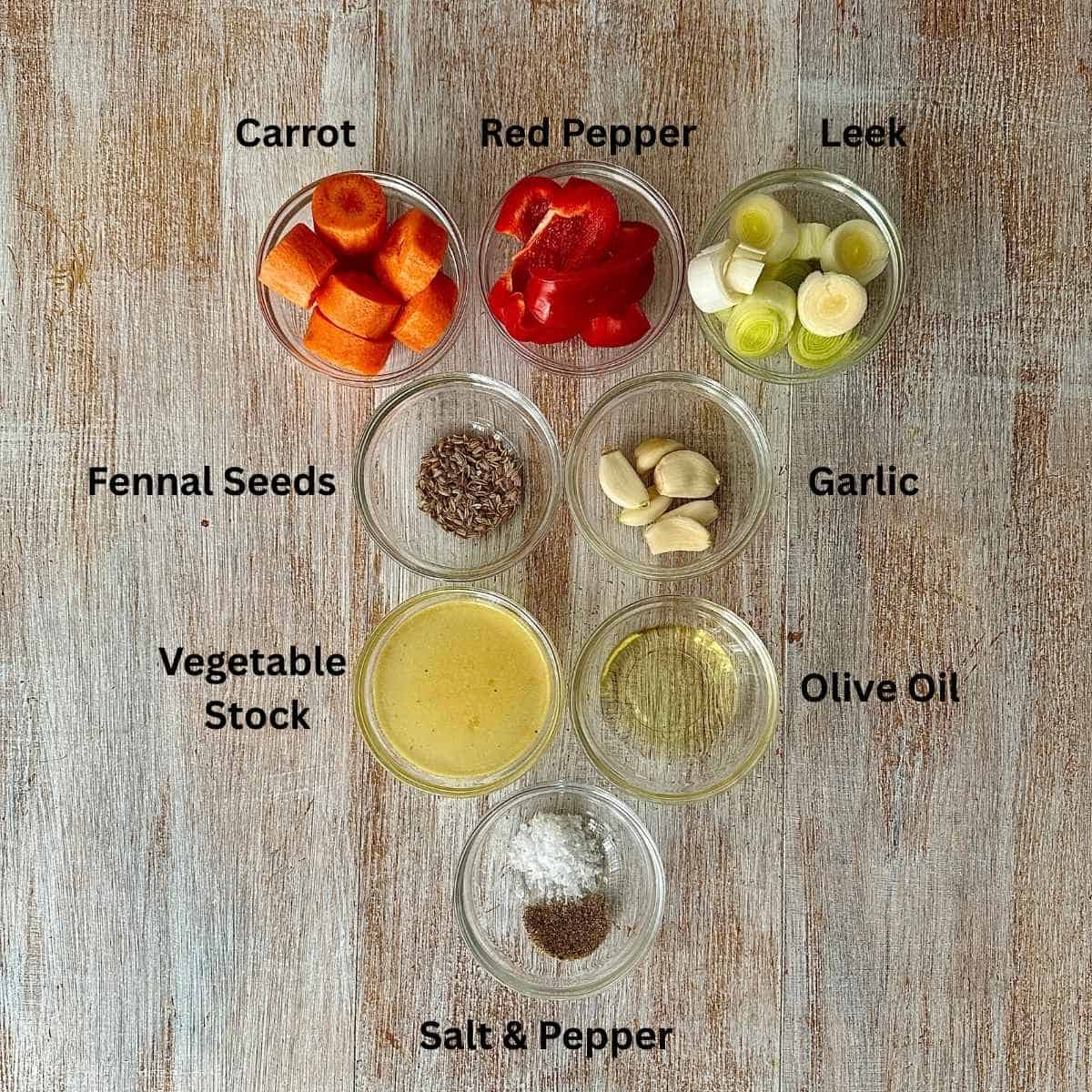 Prepared ingredients for carrot and red pepper soup in small glass dishes. Annotated.