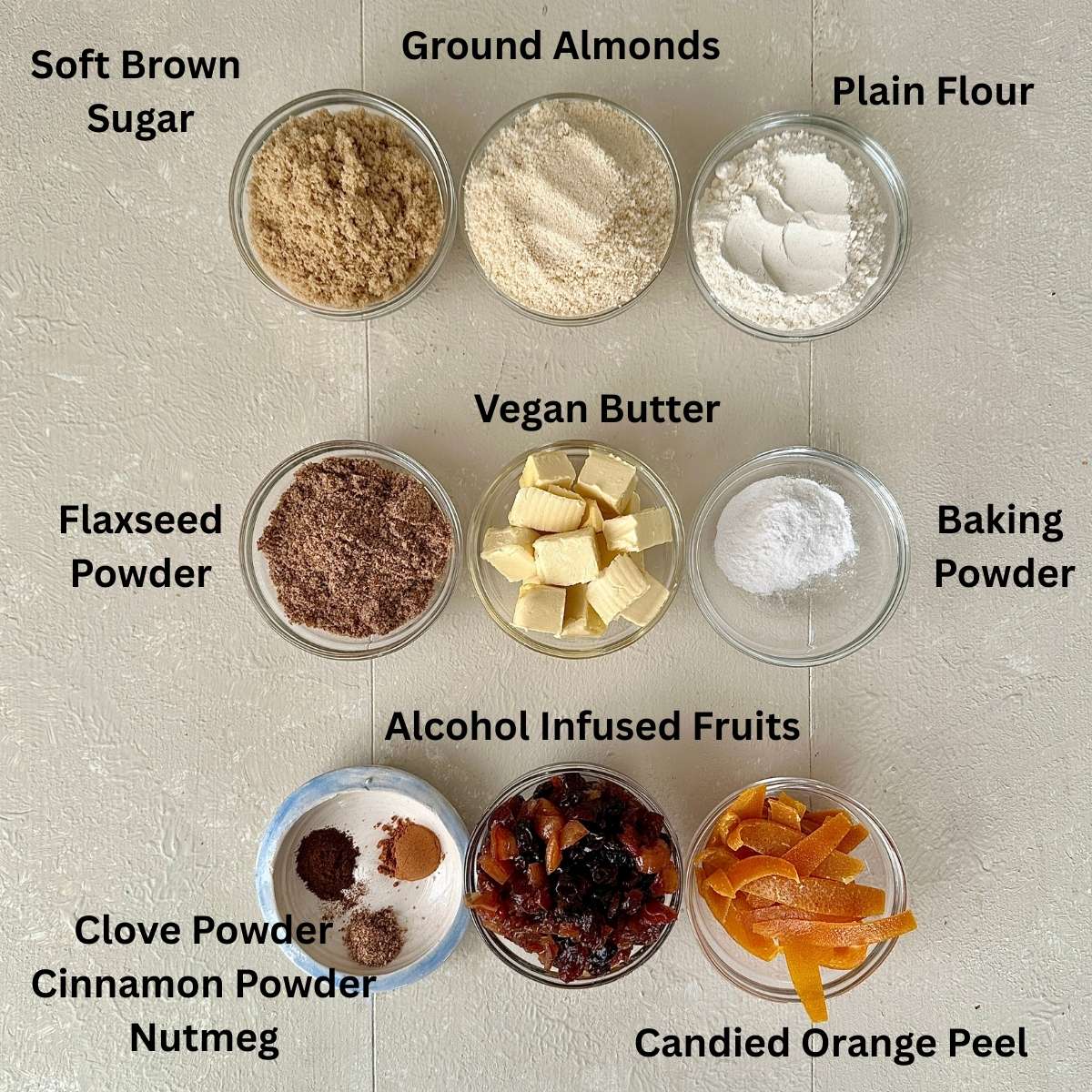 Ingredients for vegan Christmas cupcakes. Annotated.