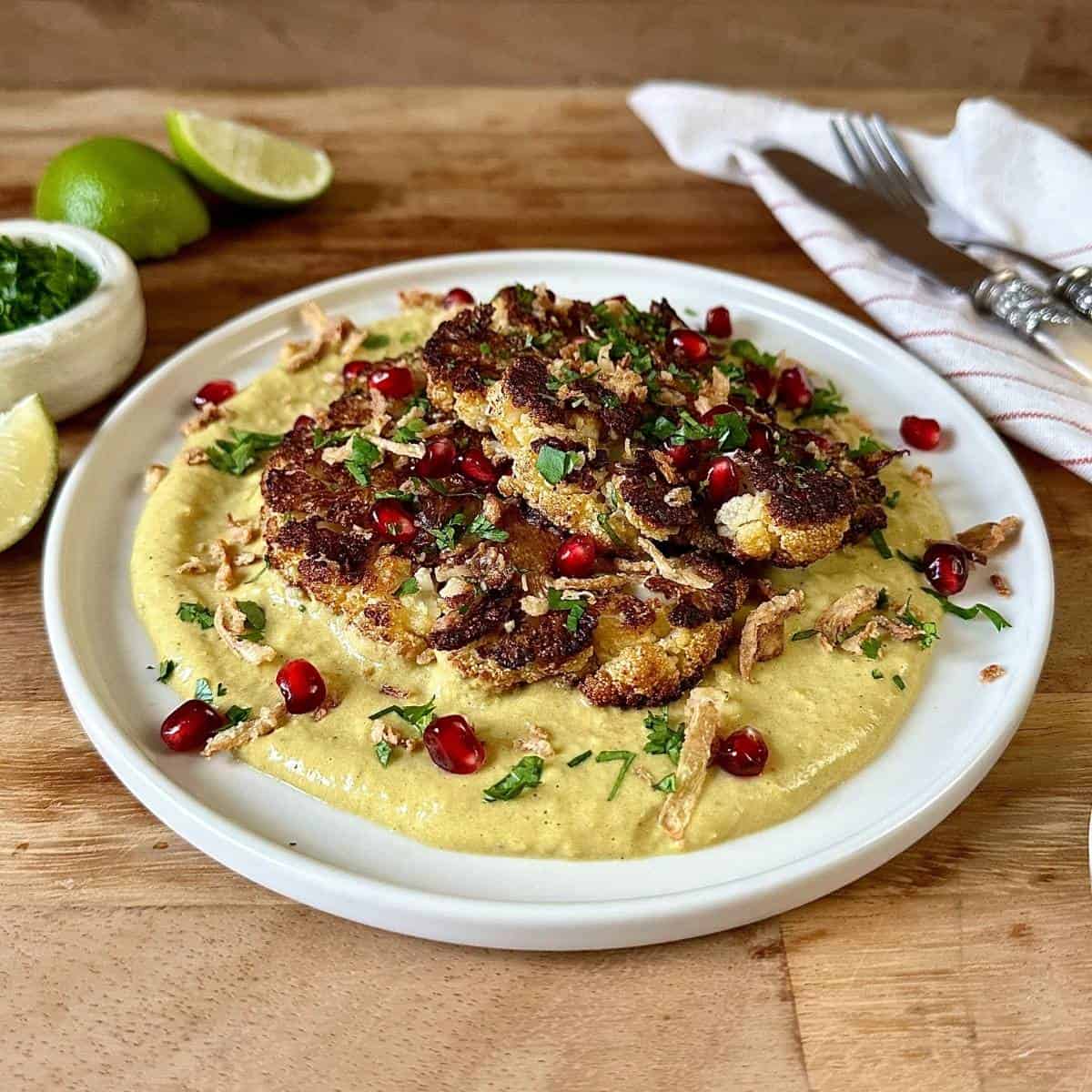 A white ceramic plate containing roasted and caramelised cauliflower steaks sitting on a smooth butterbean korma-style sauce. Garnished with coriander and pomegranate seeds.