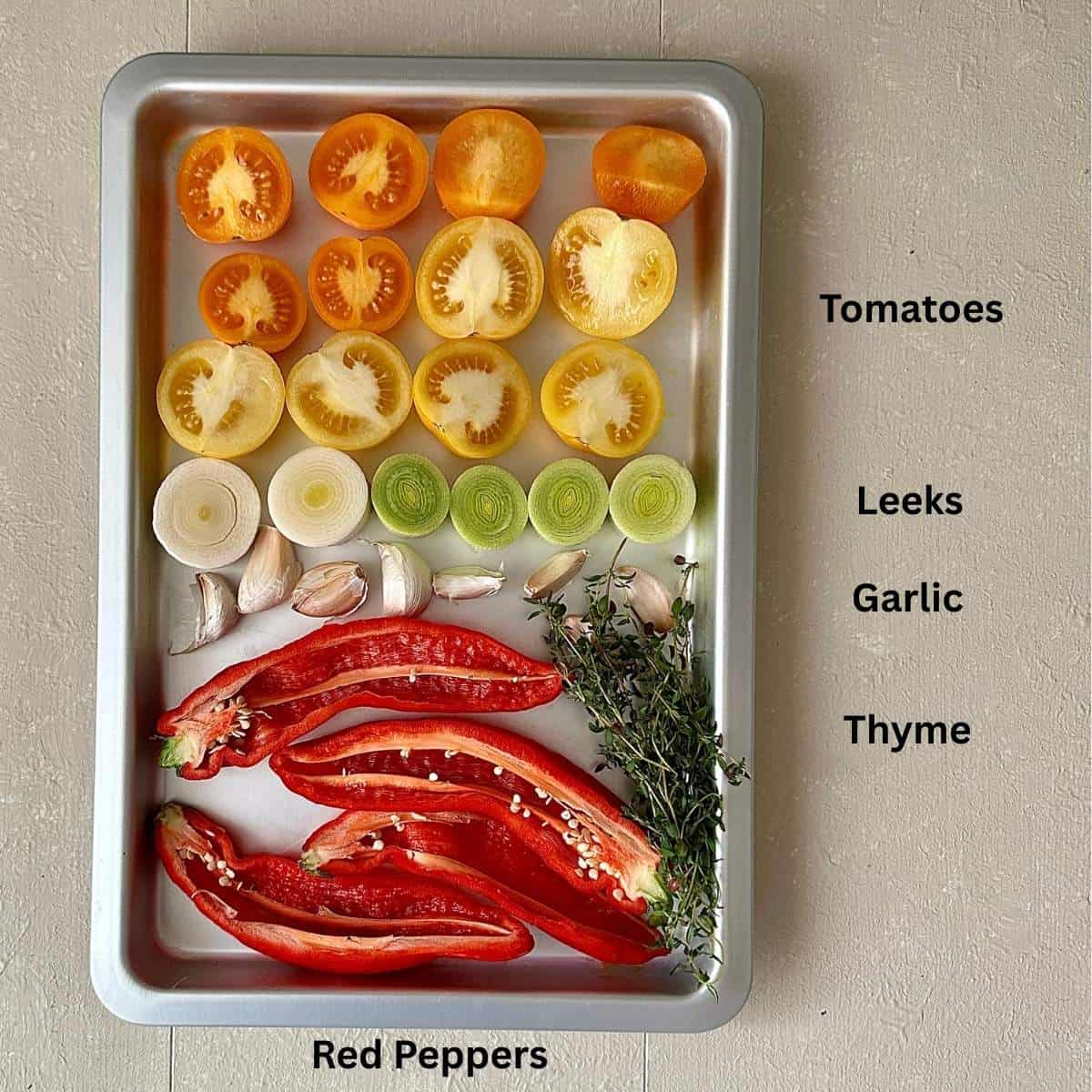 A sheet pan (baking tray) containing ingredients for roasted tomato, leek and red pepper soup. The ingredients are annotated.
