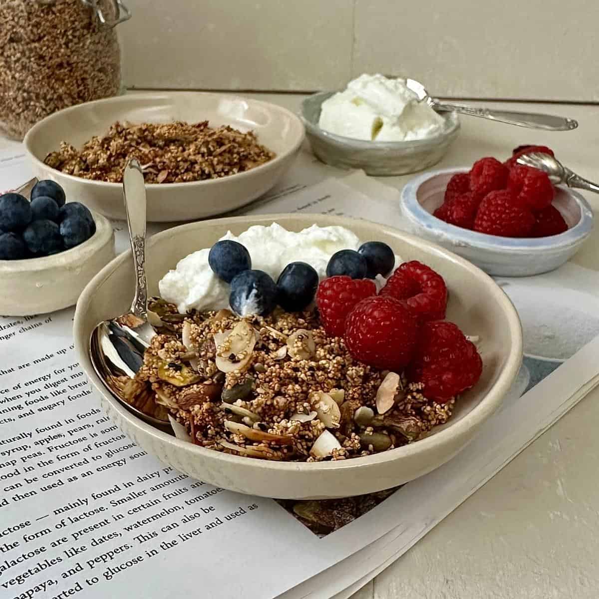 Sugar free granola in a bowl with raspberries, blueberries and yoghurt and a spoon.