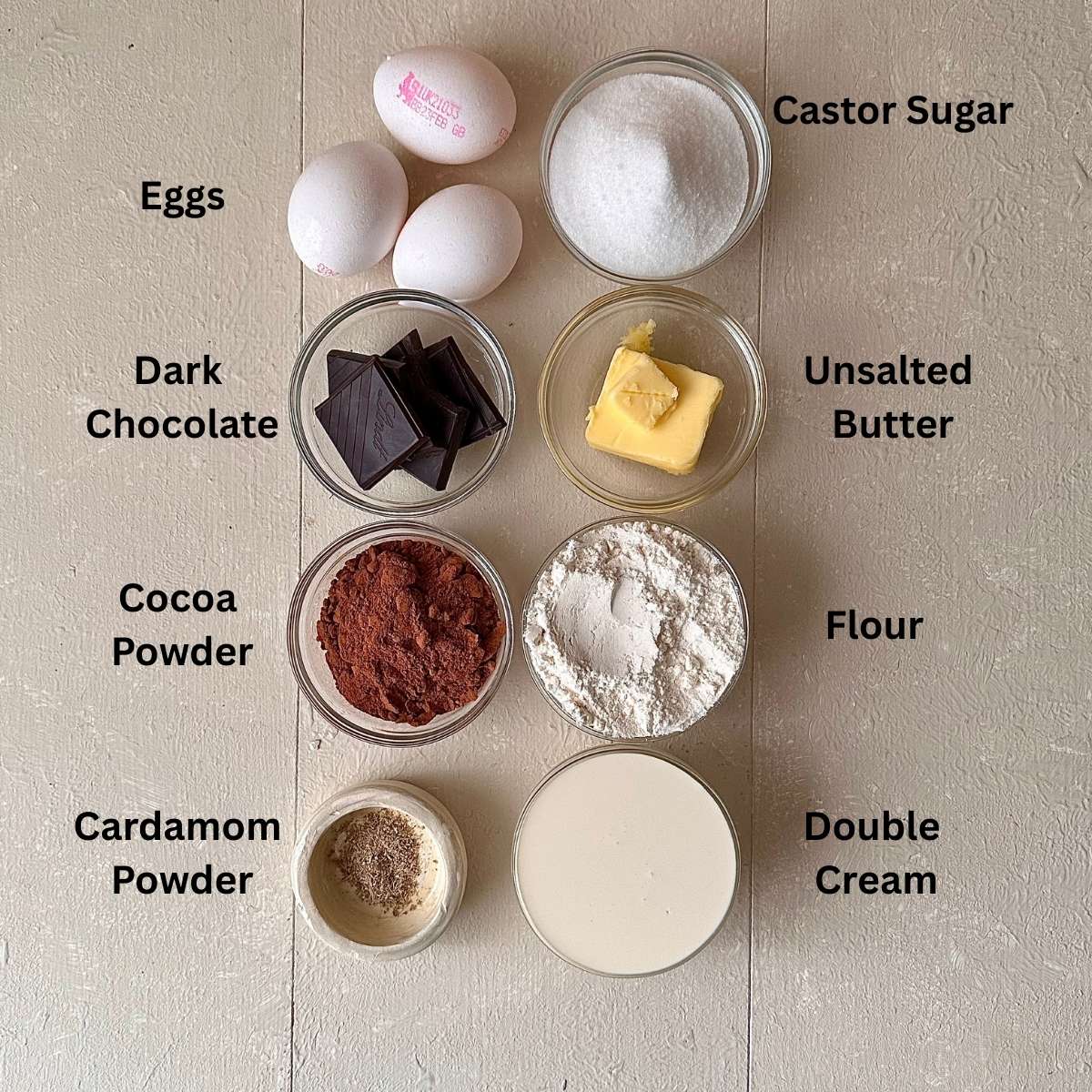 Ingredients for dark chocolate mud cake in small glass dishes against a white background. The ingredients are annotated.