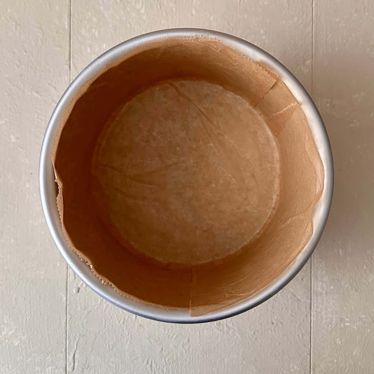 Metal six inch cake tin lined with parchment paper. For dark chocolate mud cake recipe.