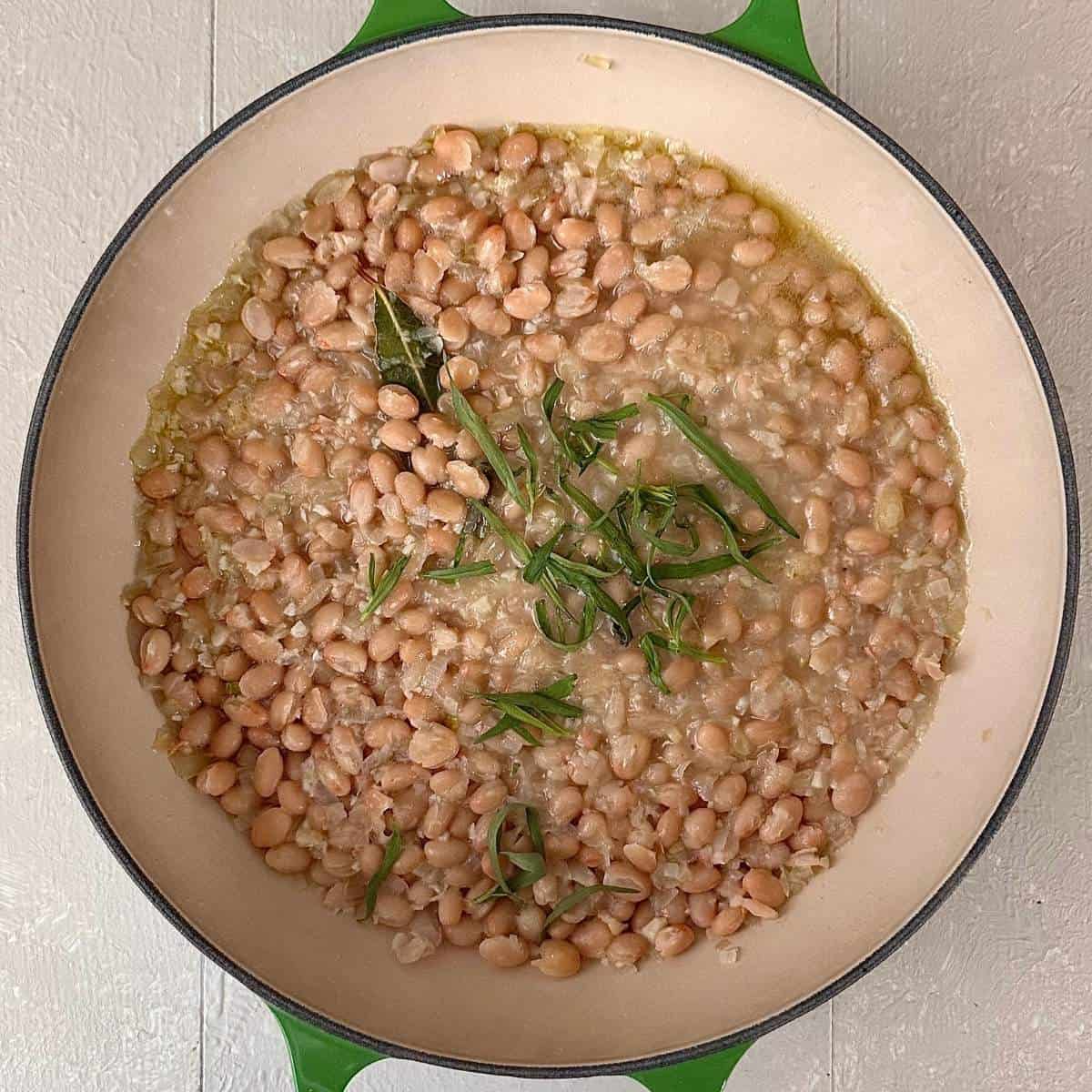 A large shallow green pan containing cooked haricot beans, onion, garlic and tarragon for gochujang roasted carrots recipe.