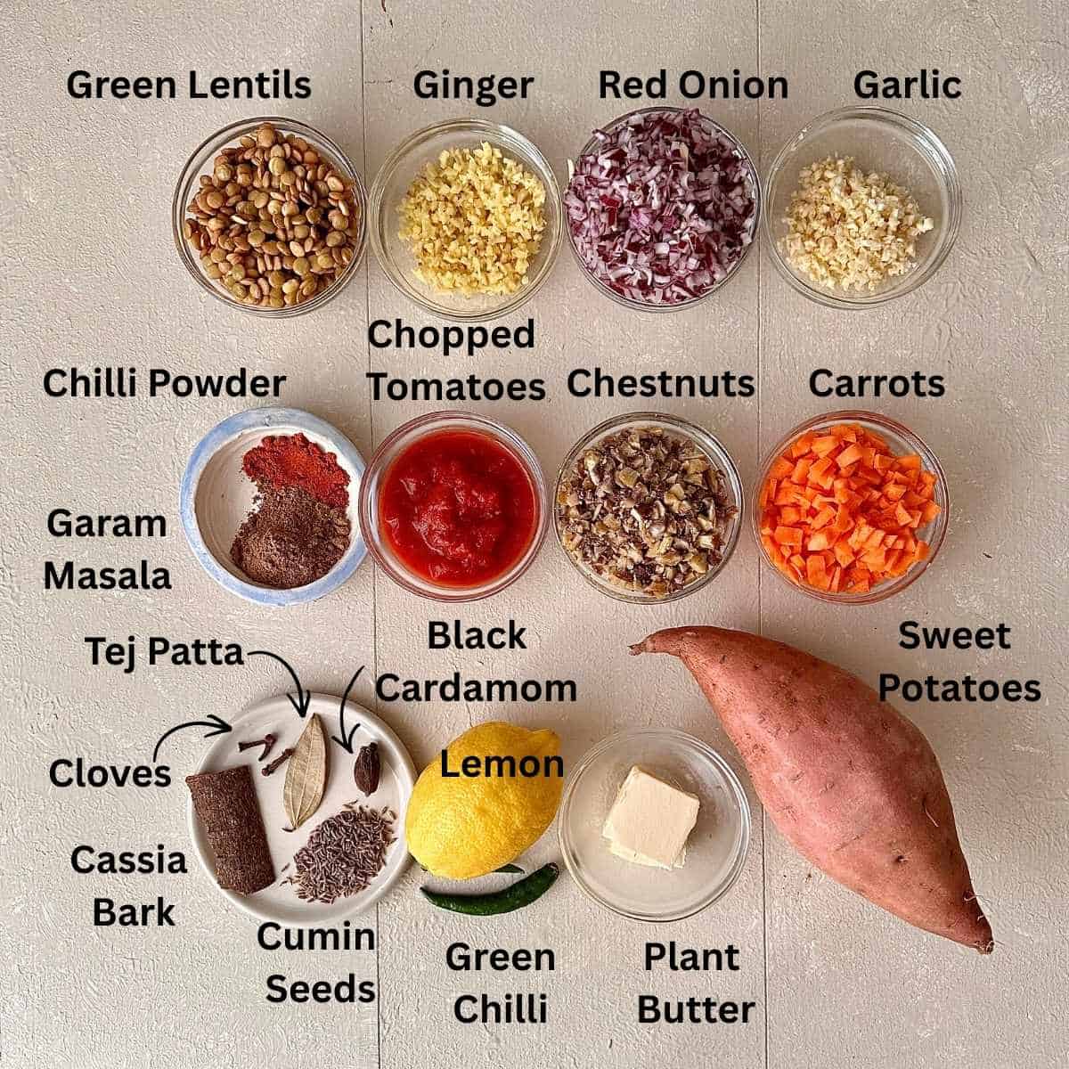Prepared Ingredients for sweet potato lentil shepherd's pie in small glass dishes. The ingredients are annotated.