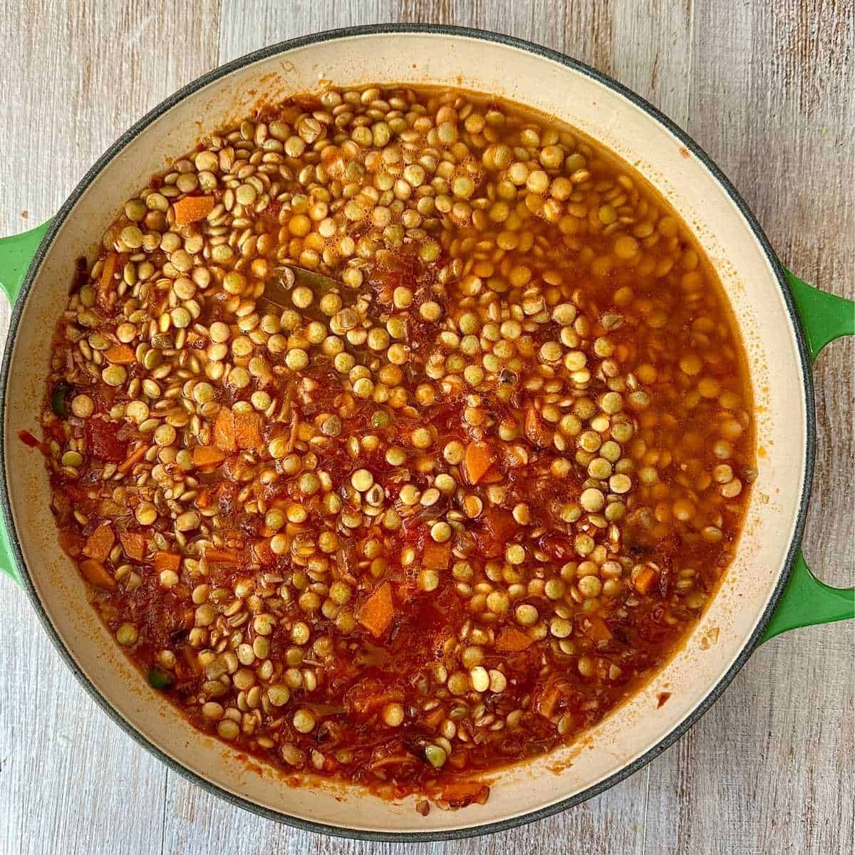 Green lentils simmering in spiced tomato sauce for the shepherd's pie filling. In a large green casserole dish.