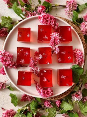 Flowering currant jelly cubes on a white plate surrounded by pink flowering currant blossoms.