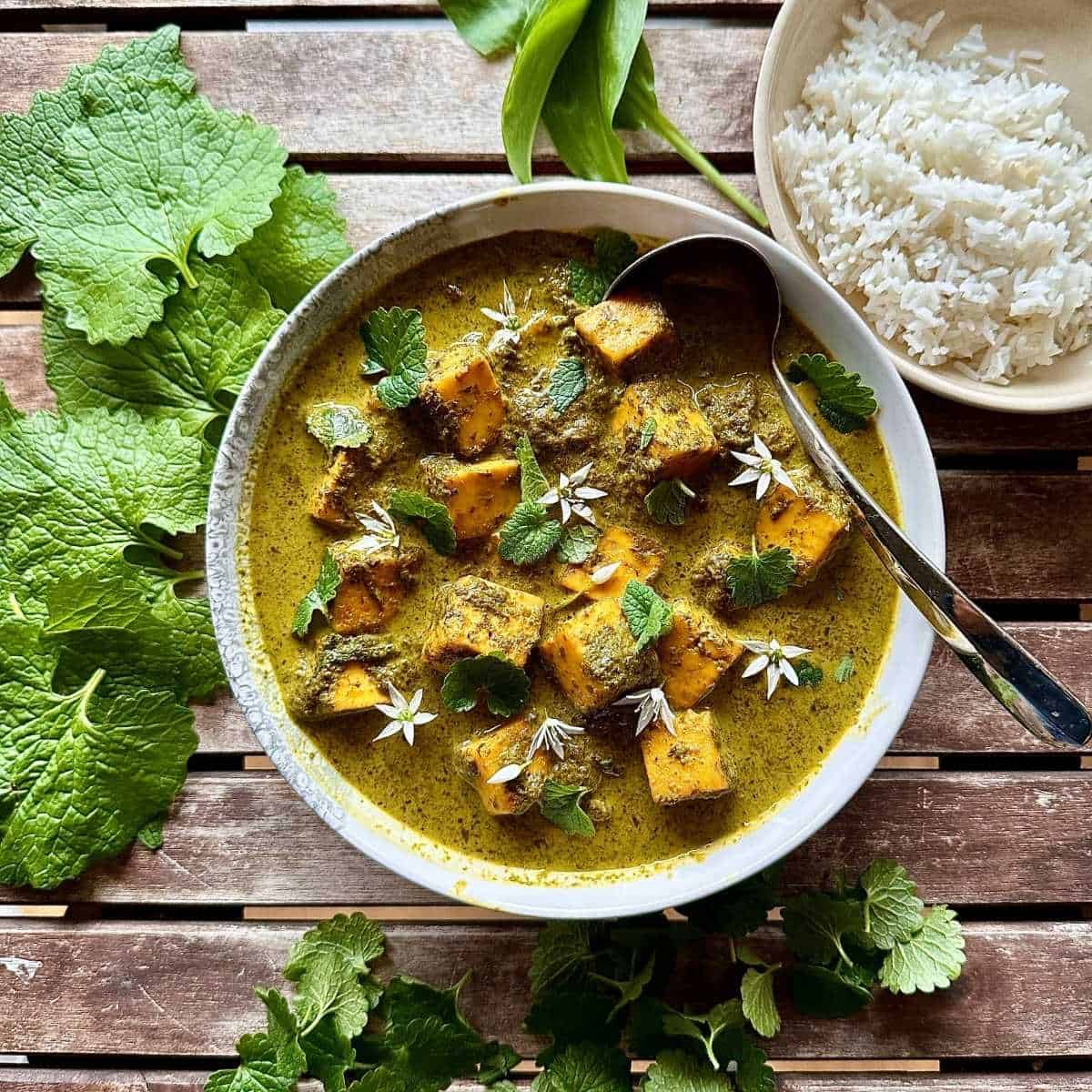 Wild garlic curry with paneer, coconut milk, foraged greens and steamed rice.