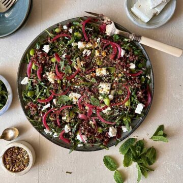 Camargue red rice, lentil and feta salad with edamame beans, fresh herbs and preserved lemon dressing.