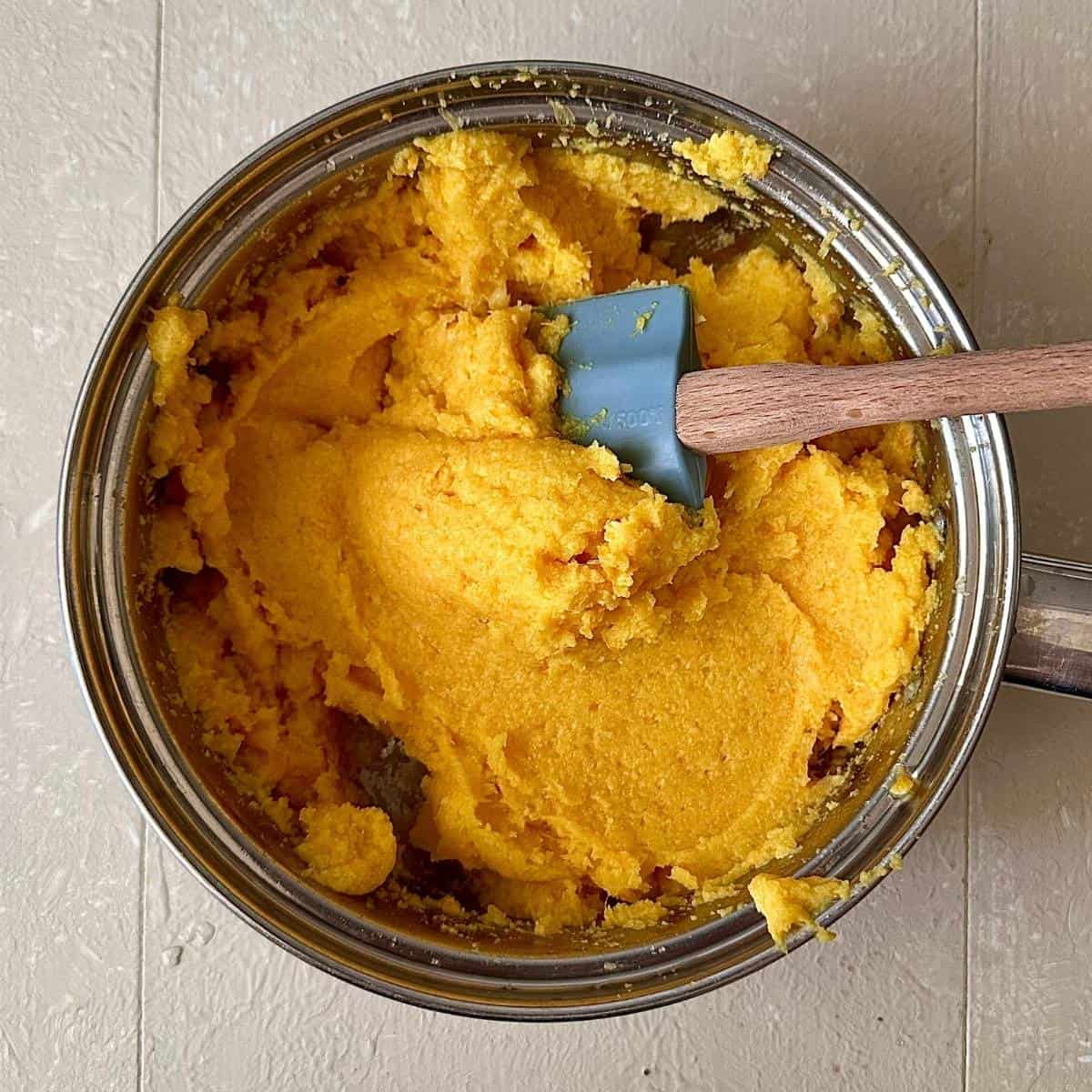Blended orange peel in a steel saucepan. For orange polenta cake.