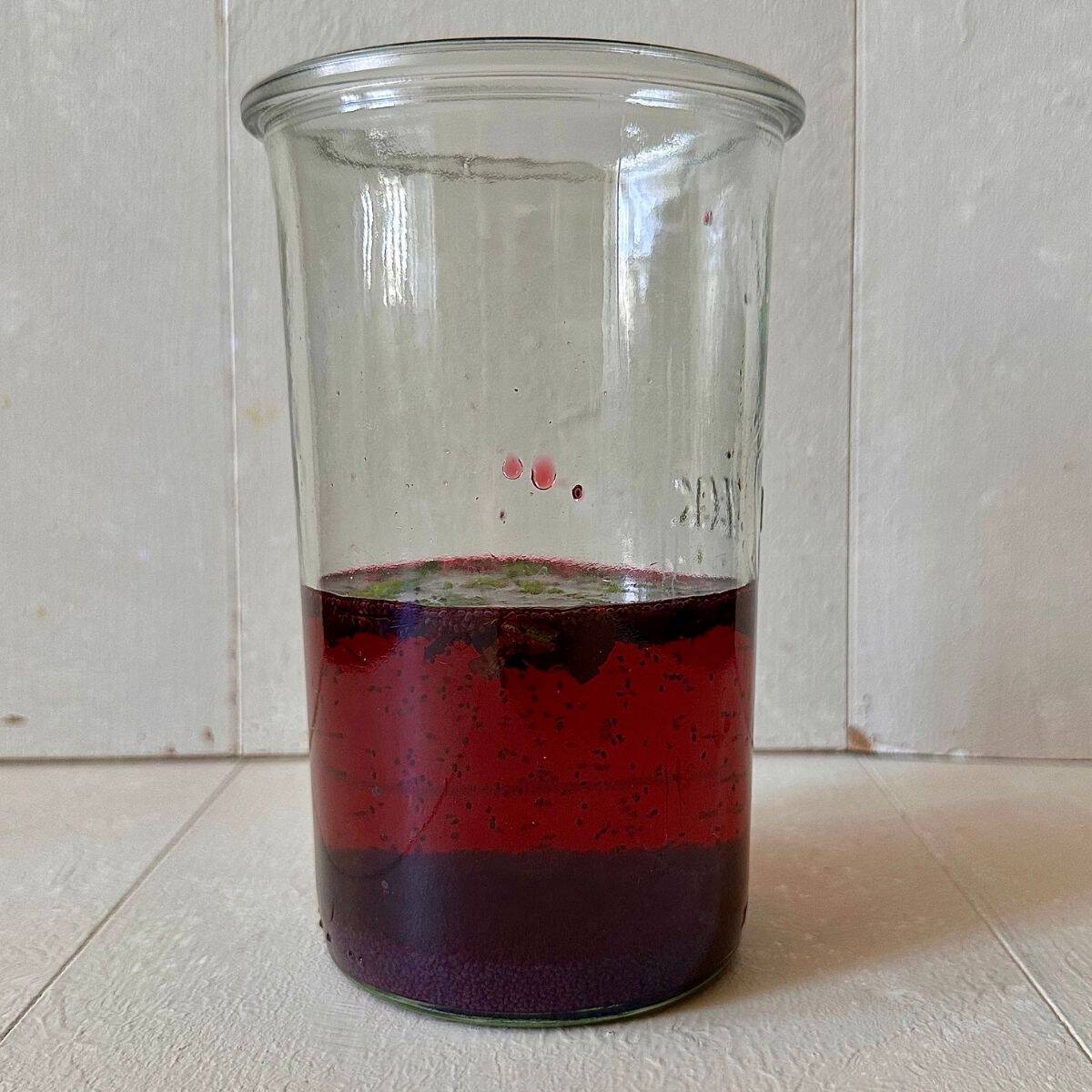 Rose syrup mixture with soaked basil seeds and mint in a glass beaker, for rose popsicles.