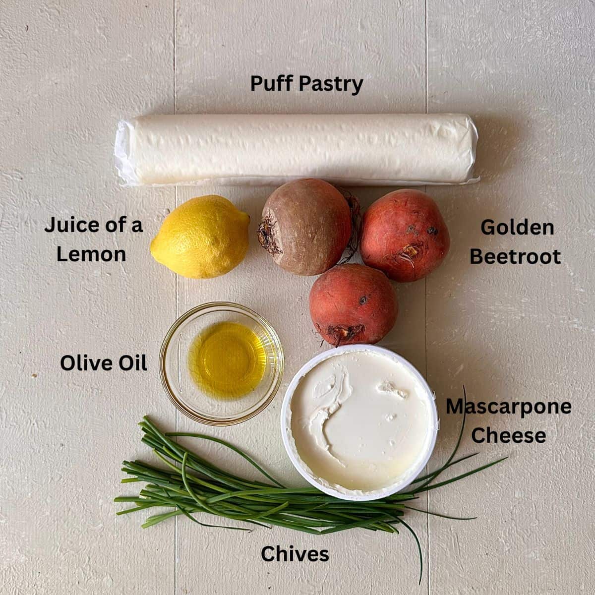 Beetroot tart ingredients displayed against a white background. The ingredients are annotated.