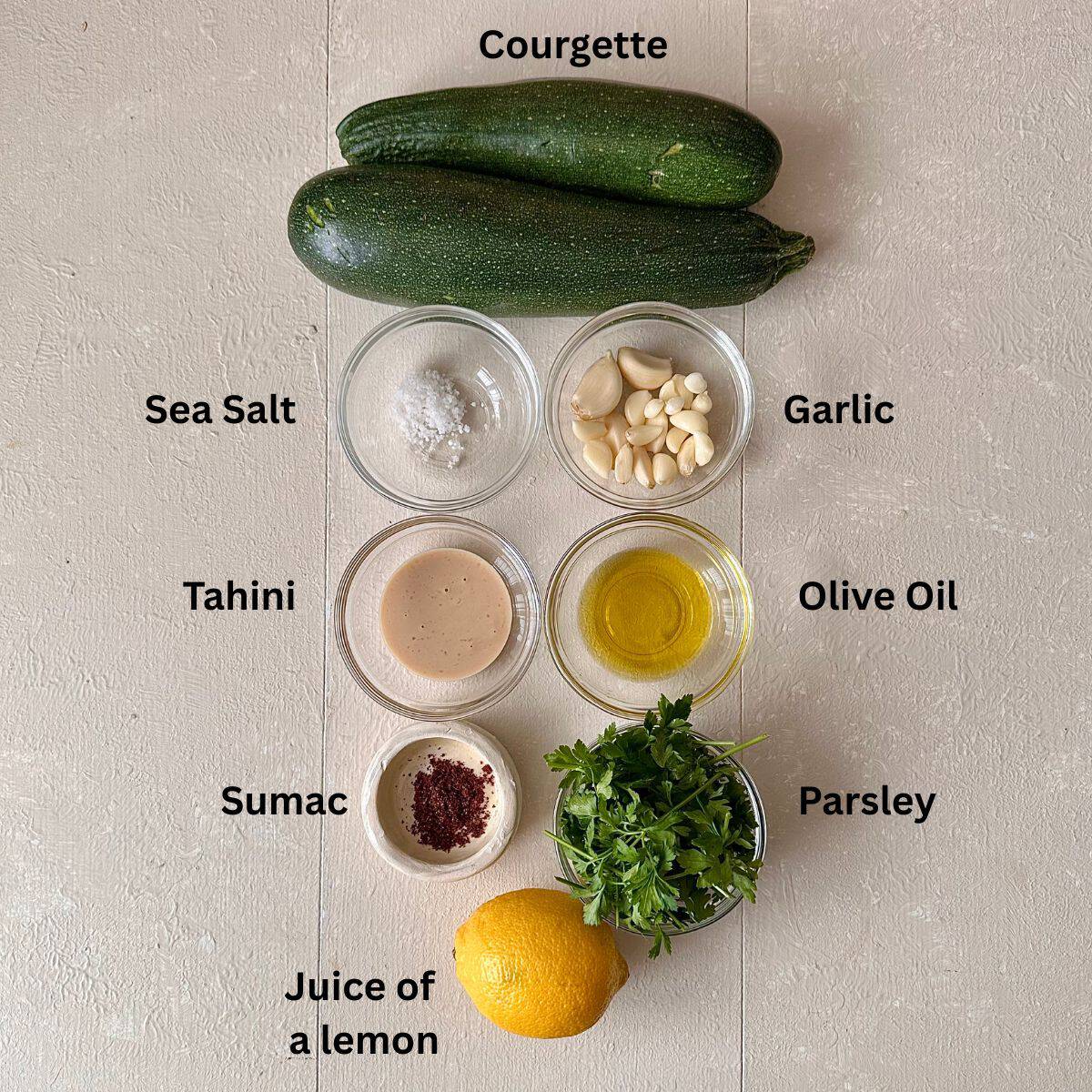 Ingredients displayed for courgette moutabbal recipe. Ingredients are annotated. Some are in small glass dishes.